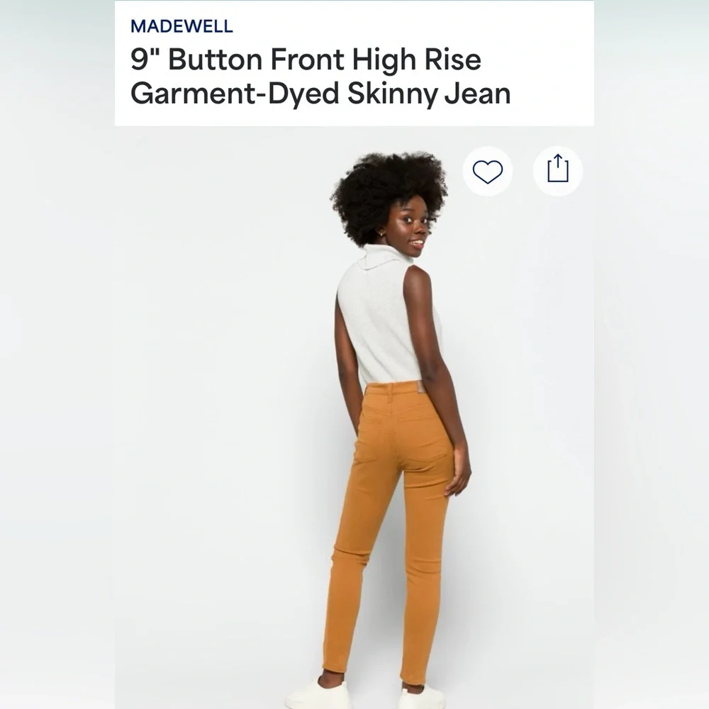 Madewell 9” Button Fly High Rise Garmet-Dyed Mustard Skinny Jeans - Picture 2 of 5